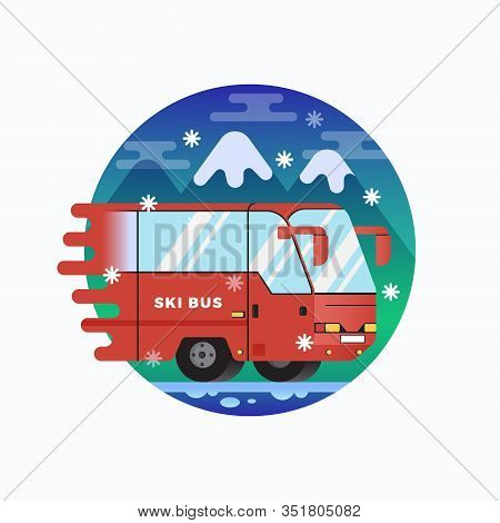 Ski Or Snowboard Resort Shuttle Bus. Vector Flat Style Illustration With Mountains Background. Alpin