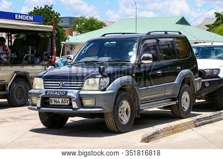 Maun, Botswana - February 9, 2020: Offroad Car Toyota Land Cruiser Prado 90 In The Town Street.