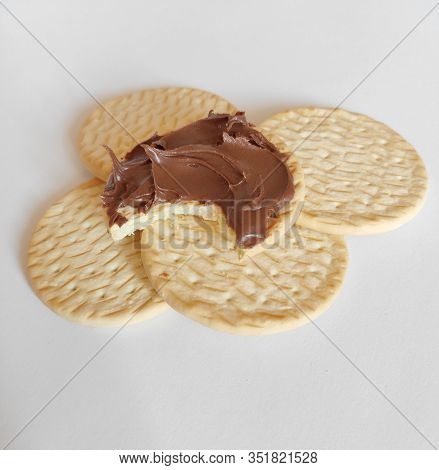 Round Cookies With Chocolate Paste Isolated On White Background. Sweet Dessert, Lunch Time, Bakery F