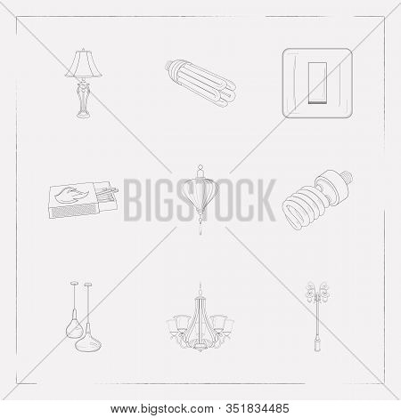 Set Of Light Sources Icons Line Style Symbols With Light Switcher, Match, Street Light And Other Ico