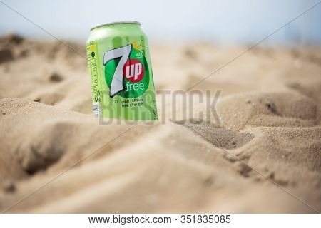 The Hague, Netherlands - 09.06.2019:
 Can Of New 7up Free Of The Beach.