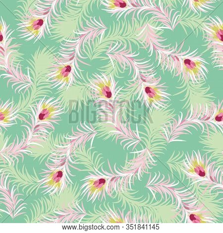 Pink Peacock Feathers Scattered On A Green Background Seamless Vector Pattern. Decorative Soft Wurfa