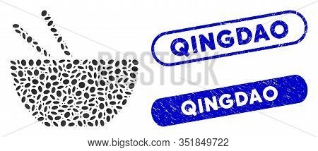 Mosaic Asian Food And Grunge Stamp Seals With Qingdao Caption. Mosaic Vector Asian Food Is Composed 