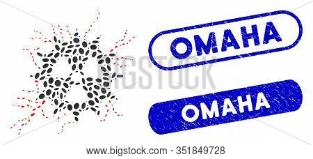 Collage Atomic Power Sparks And Rubber Stamp Seals With Omaha Caption. Mosaic Vector Atomic Power Sp