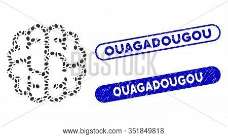 Mosaic Brain And Distressed Stamp Seals With Ouagadougou Text. Mosaic Vector Brain Is Formed With Ra