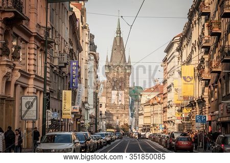 Prague, Czechia - October 31, 2019: Jidrisska Vez Tower Seen From The Streets With Cars Passing By. 