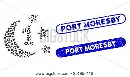 Mosaic First Moon Night And Distressed Stamp Seals With Port Moresby Text. Mosaic Vector First Moon 