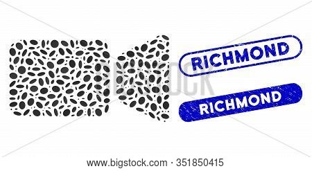 Mosaic Movie Camera And Distressed Stamp Seals With Richmond Phrase. Mosaic Vector Movie Camera Is D