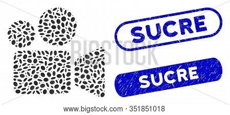 Mosaic Video Camera And Corroded Stamp Watermarks With Sucre Text. Mosaic Vector Video Camera Is Com