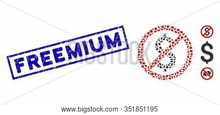 Mosaic No Dollar And Grunge Rectangle Stamp Seal With Freemium Text. Mosaic Vector No Dollar Is Desi
