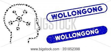 Mosaic Head Brain And Grunge Stamp Seals With Wollongong Phrase. Mosaic Vector Head Brain Is Compose