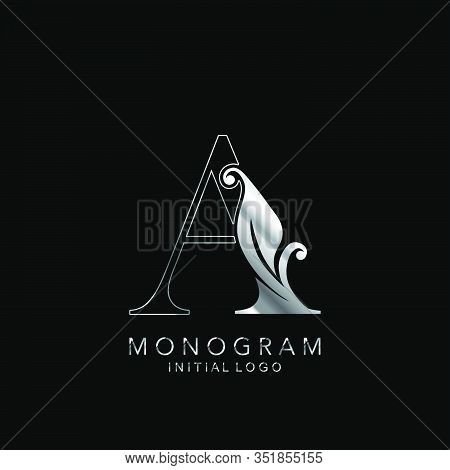 Monogram Initial Logo Letter A. Silver Vector Design Concept Floral Leaves For Business Identity.