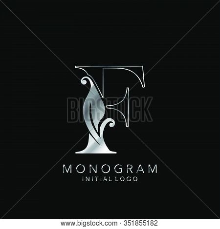 Monogram Initial Logo Letter F. Silver Vector Design Concept Floral Leaves For Business Identity.