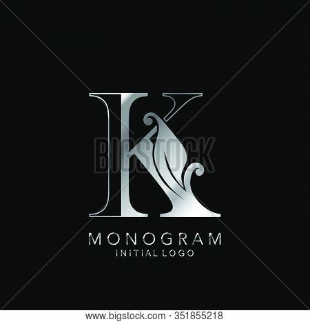 Monogram Initial Logo Letter K. Silver Vector Design Concept Floral Leaves For Business Identity.