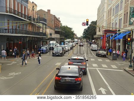 New Orleans, Louisiana, U.s.a - February 4, 2020 - The View Of The Traffic And Buildings Near Decatu
