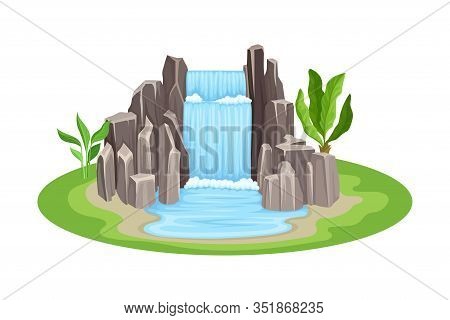 Low Tropical Waterfall With Rocky Stone Bounds Rested On Green Island Spot Vector Illustration