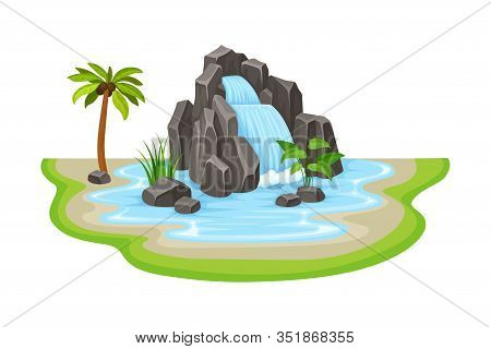 Tropical Waterfall With Cliffy Bounds And Exotic Plants Growing Around Vector Illustration