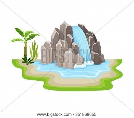 Tropical Waterfall With Cliffy Bounds And Exotic Plants Growing Around Vector Illustration