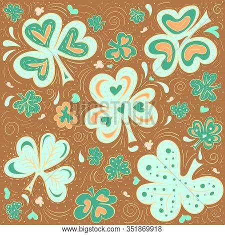 Abstract Doodle Background With Clover, Hearts And Butterflies. Hand Drawn Vecotor Illustration In T