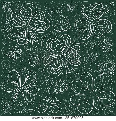 St. Patrick S Day Doodle Background With Clover, Hearts And Butterflies On Green Chalk Board. Hand D