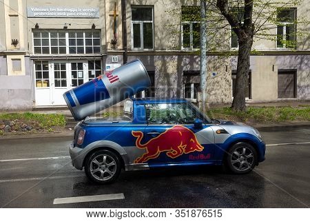 April 27, 2018 Vilnius, Lithuania, Car Mini Cooper Painted In The Symbolism Of The Company Red Bull 