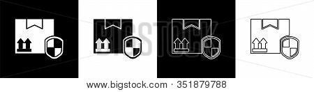 Set Delivery Pack Security With Shield Icon Isolated On Black And White Background. Delivery Insuran