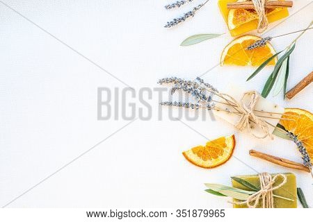 Organic Natural Set Made Of Olive, Lavender And Orange Pieces Of Soap, Cinnamom Sticks And Dried Her