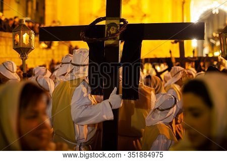 Leonforte, Sicily - April, 19: Christian Brethren During The Traditional Good Friday Procession On A
