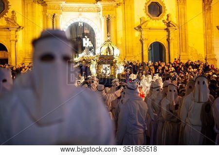 Leonforte, Sicily - April, 19: Christian Brethren During The Traditional Good Friday Procession On A