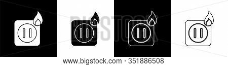 Set Electric Wiring Of Socket In Fire Icon Isolated On Black And White Background. Electrical Safety