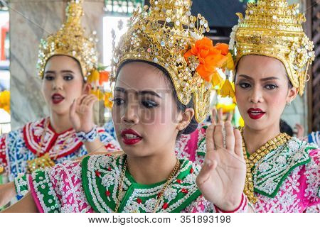 Bangkok, Thailand - 31st July 2017: Thai Dancers At The Erawan Shrine, Ratchaprasong. The Shrine Is 
