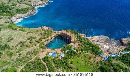 Landscape Over Broken Beach In Nusa Penida, Indonesia Angel's Billabong Beach. Popular Tourist Desti
