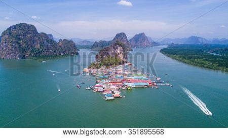 Aerial Panorama View Over Ko Panyi Floating Village In Souther Of Thailand. Ko Panyi Is A Fishing Vi