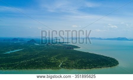 Aerial Panorama View Over Ko Panyi Floating Village In Souther Of Thailand. Ko Panyi Is A Fishing Vi