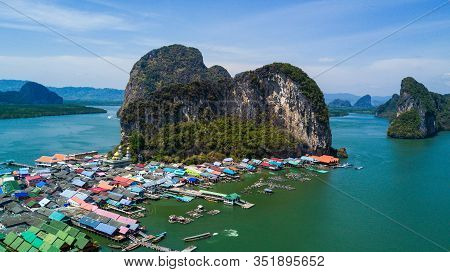 Aerial Panorama View Over Ko Panyi Floating Village In Souther Of Thailand. Ko Panyi Is A Fishing Vi