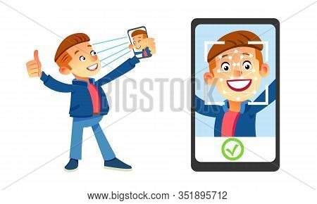 Facial Recognition Concept. Face Id, Face Recognition System. Man Holding Smartphone With Human Head
