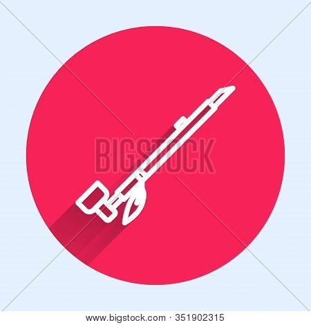 White Line Native American Indian Smoking Pipe Icon Isolated With Long Shadow. Red Circle Button. Ve