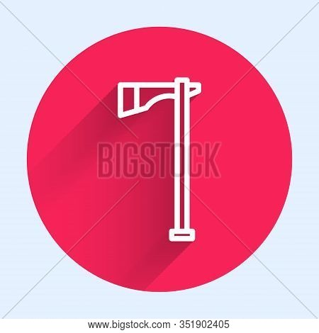 White Line Native American Tomahawk Axe Icon Isolated With Long Shadow. Red Circle Button. Vector Il
