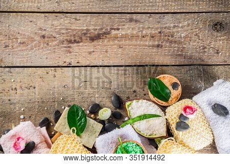 Bodycare Organic Cosmetics. Spa Setting With Basic Hygiene Treatment - Sea Salt, Washcloth And Natur