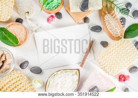 Bodycare Organic Cosmetics. Spa Setting With Basic Hygiene Treatment - Sea Salt, Washcloth And Natur