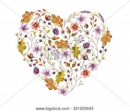 Watercolor Heart Floral Composition Bouquet With Flower Berries Grass, Oak Leaves, Lavender, Acorns.