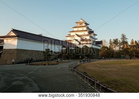 2015 Dec 12, Miyagi Prefecture; Many Tourism Walk Around White Samurai Castle Of Japan In Evening Of
