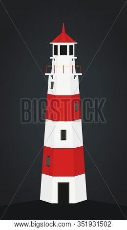 Vector Cartoon Lighthouse, Building Onshore, Construction With Searchlight