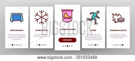 Skate Sport Equipment Onboarding Icons Set Vector. Hockey Player Brassy And Helmet, Brassy And Puck,