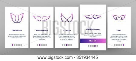 Angel Wings Flying Onboarding Icons Set Vector. Decorative Stylized Feather Flapping Angel Or Bird F