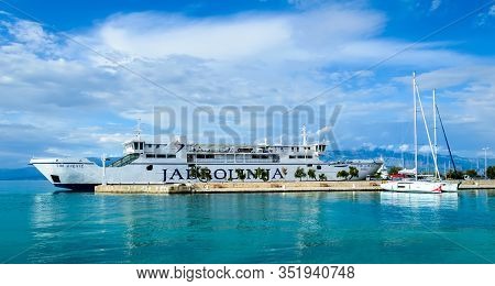 Supetar, Croatia - May 22, 2019: Jadrolinija Ferry Mf Tin Ujevic In Supetar Harbor Connects Croatian