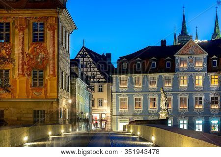 The Building Of The Old Medieval Town Hall On The Bridge Over The River At Dawn. Bamberg. Bavaria Ge