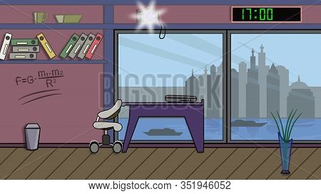 On The Table Is A Laptop. The Office Chair Rolls Out. A Spider Crawls And Weaves A Web. Through The 