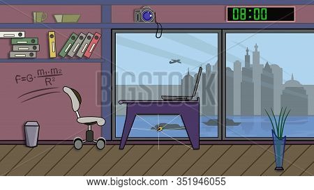 On The Table Is A Laptop. The Office Chair Rolls Out. A Spider Crawls And Weaves A Web. Through The 