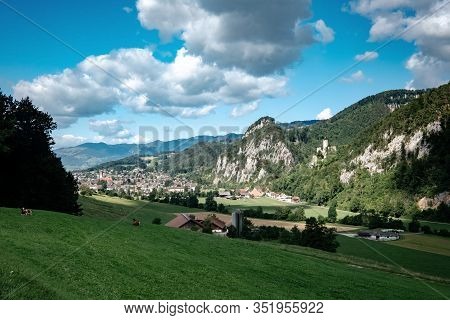 Summer View Of A Beautiful Apline Village In Switzerland